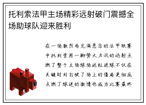 托利索法甲主场精彩远射破门震撼全场助球队迎来胜利