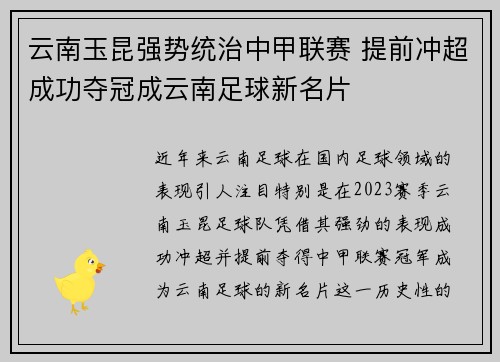 云南玉昆强势统治中甲联赛 提前冲超成功夺冠成云南足球新名片